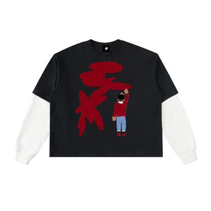 Layered Contrast Sleeve Cotton T-Shirt